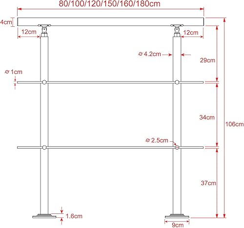 Corrimano da 80 cm, ringhiera per scale, Ø 42 mm, barre per ringhiera in acciaio inox, 3 barre trasversali, ringhiere per terrazze, montaggio a pavimento, kit di montaggio per interni ed - Honorern