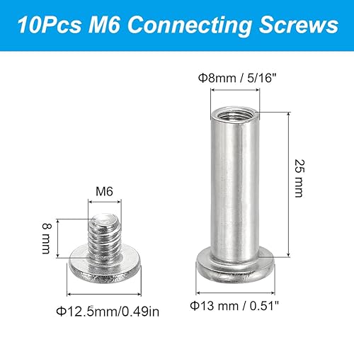 Viti per Mobili, Viti di Giunzione, Viti in Acciaio Inox, M6 Viti di Collegamento con Manicotto, Vite Connettore per Armadio, Rivetti a Vite Ferramenta per Mobili, 8mm Manicotto Viti Collegare, 10Pcs - Honorern