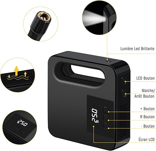 Compressore Portatile per Auto, Compressore Aria 12V con Luce a LED, Max. 150PSI / 10,3bar, per Gonfiare Le Gomme Delle Moto e Delle Auto, Palloni, Canotti Ecc - Honorern