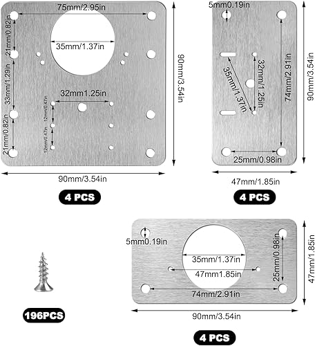 12 Pezzi Piastra Riparazione Cerniera Ante con 192 Viti, Kit Riparazione Cerniere Ante, Piastra di Riparazione per Cerniere, Cerniere Armadietti per Ante Cucina, Cassetti, Mobili (90×90mm, 47×90mm) - Honorern