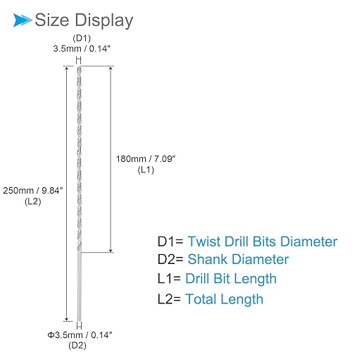 Punte da Trapano Elicoidali Extra Lunghe in Acciaio ad Alta Velocità, Diametro 3,5mm Lunghezza 250mm Punta Trapano Dritta Twist Jobber per Metallo Legno Plastica Alluminio 2pz - Honorern