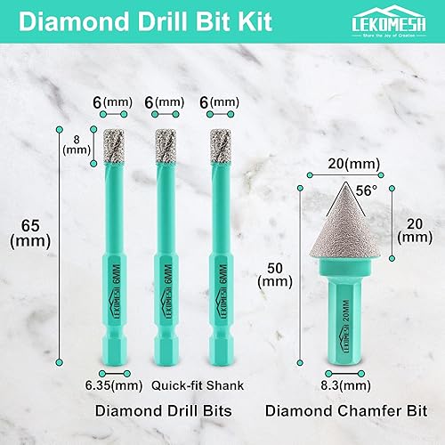 Set di Punte Diamantate - 3pcs 6/6/8MM Punte Trapano Piastrelle & 1pc 20MM Punte Fresa Diamantate con Gambo Esagonale per Ceramica Marmo Granito Pietra Quarzo,LEKOMESH - Honorern