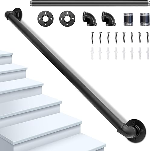 Corrimano per Scale Interne, Orifesio Passamano per Scale Interne, Ringhiera per Scale Interne Esterne per Anziani Disabili Bambini, Ringhiere per Scale Tubo Zincato Nero Antiscivolo, 100CM - Honorern