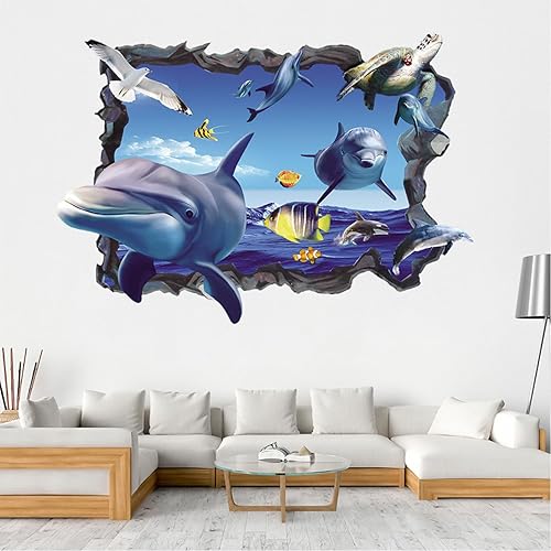3D Finta Finestra Decalcomanie Murali Oceano, Autoadesivo Oceano Mondo Delfino Pesce Tartaruga Alghe Rotte Adesivi Murali, per Ragazzi Camera da Letto Soggiorno Bagno Decorazioni Murale - Honorern
