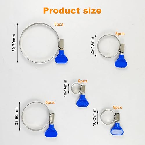 Set di Cinque Misure Fascette Stringitubo Inox, 10-70 mm, 25 Pezzi Fascetta Stringitubo, Regolabile Fascetta Metallica con Dado ad per Tubi Acqua, Gas e Piscinafascette Stringitubo (argento,blu) - Honorern
