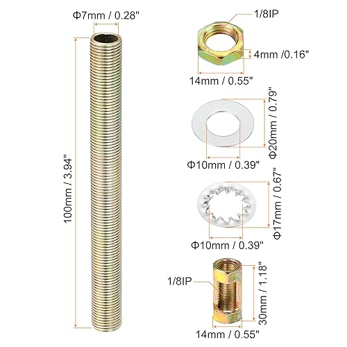 1/8IP Filettatura 100mm (3,94') Lampada Tubo Kit con Blocco Dadi Rondelle, Fissaggi Assortimento Ferramenta per Lampadario Soffitto Luce Fai Da Te, Zinco Placcatura - Honorern