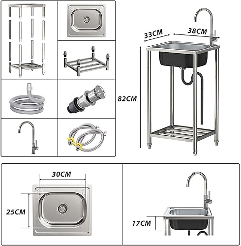 Lavello in acciaio inossidabile Lavabo in Cucina Vasca Singola Autoportante Utility Catering Lavello Outdoor Mobile Lavello Con con Supporto e Rubinetto,Lavanderia/Campeggio/Giardino/Garage - Honorern