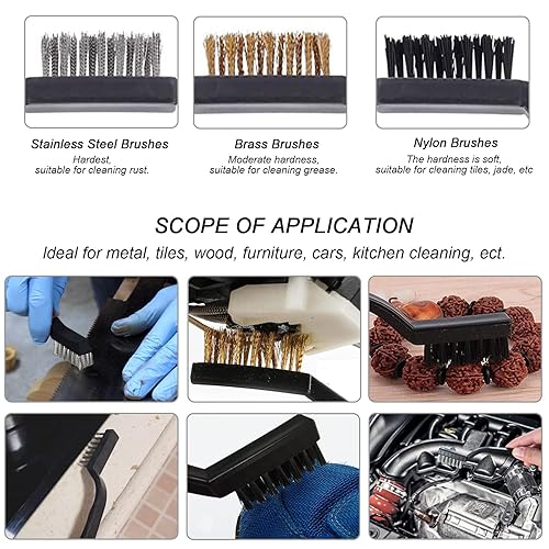 12 Pezzi Spazzola Metallica Piccola Include Mini Spazzola in Acciaio Spazzola in Ottone Spazzola in Nylon con Manico Curvo in Plastica Nera per Pulizia Macchie Olio Ruggine Polvere Vernice - Honorern