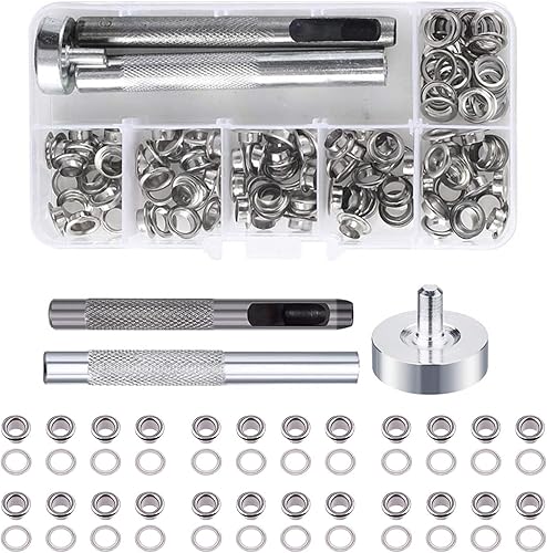 Occhiello Strumento Kit,100 Pezzi Occhielli Grommet Rondelle,Occhielli per Teloni,4mm Occhielli Metallici,con 3 Attrezzi e Scatola di Stoccaggio,Occhielli in Metallo,per Scarpe,Borse,Cintura - Honorern