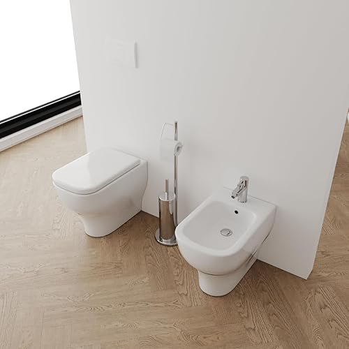 Coppia di sanitari a terra filomuro Bidet e Vaso WC in ceramica con sedile coprivaso STEFANO - Honorern