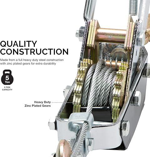 NEIKO 02256A Argano, capacità di trazione di 5 tonnellate (4,5 kg), 3 ganci, cavo di alimentazione resistente con doppio ingranaggio, cavo per argano manuale, estrattore per argano automobilistico, - Honorern