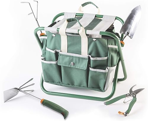 Kit Giardinaggio, 6 pezzi, Con Impugnatura Ergonomica, Borsa Porta Attrezzi, Sgabello Richiudibile, Forbici da Potatura, Zappa Duplice Uso, Trapiantatore, Sarchiatore Coltivatore - Honorern