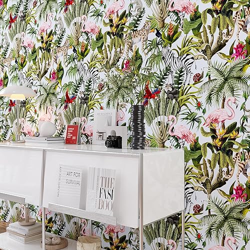 Carta Adesiva Foglie Tropicali Giungla Carta da Parati Floreale Bianco Fotomurali Flamingo Leopardo Pellicola Adesiva Decorativa Camera da Letto Adesivo per Mobili Soggiorno 44.5cm×300cm - Honorern