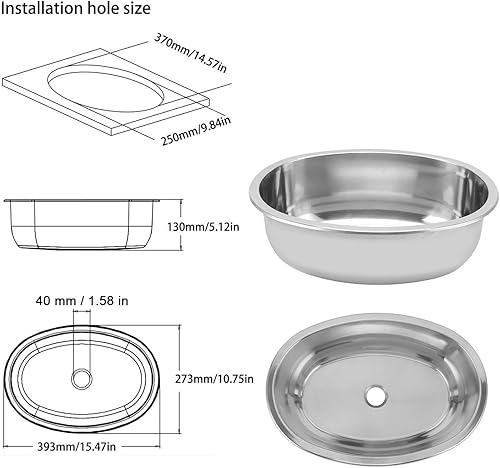 Piccoli lavandini per camper, grande lavabo in acciaio inossidabile, lavello ovale per barche marine con foro di scarico da 40 mm per camper, camper, roulotte, cucina 393x273 mm - Honorern