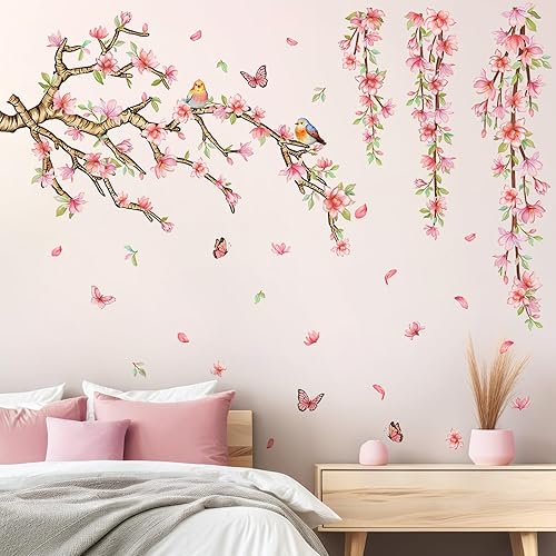 milaosk Adesivi Murali Fiori Rosa Rami Uccellini Farfalle Adesivi da Parete Auto-adhésif Adesivo Muro Decorativo per Pareti di Soggiorno e Camera da Letto Camera dei Bambini - Honorern