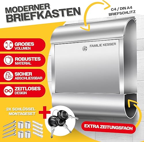 KESSER® Cassetta della Posta XXL in acciaio inox spazzolato con Scomparto per Giornali, 3x Chiudibile a chiave, Verniciata a polvere, Montaggio a parete, Ampia fessura frontale, Nero - Honorern