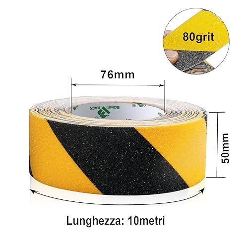 BOMEI PACK Nastro antiscivolo, ad alta trazione, forte presa, nastro di sicurezza per attrito, battistrada antiscivolo per esterni, non facile lasciare residui adesivi,nero/giallo 5cm x 10m - Honorern