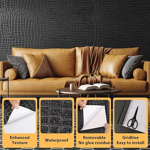 Arthome Adesiva Carta da parati Nera,44cmx6m Coccodrillo Testurizzato Autoadesiva carta di Pelle Rimovibile Carta da Parati Impermeabile Vinile Wrap carta pelle di Alligatore per mobili - Honorern