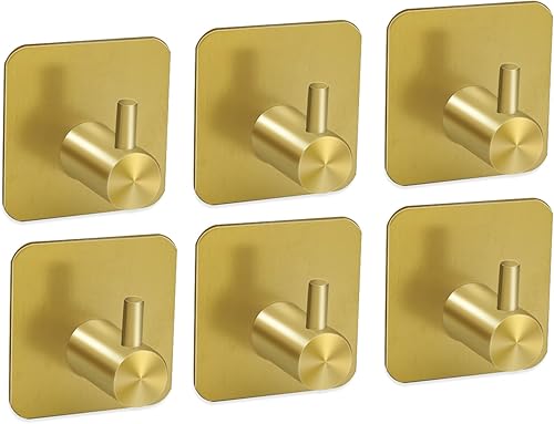 Set di 6 Ganci Adesivi in ​​Acciaio Inossidabile Oro,Ganci appendiabiti e portasciugamani,Ganci Adesivi per Appendere Oggetti per Cucina e Bagno Senza Forare - Honorern