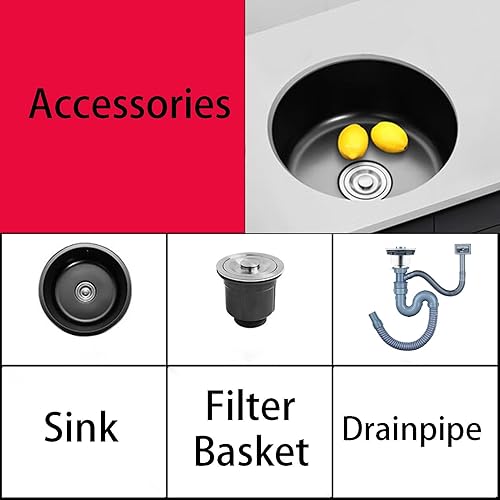Lavello Cucina 1 Vasca Nero,Lavandino Cucina Piccolo,Lavelli da Cucina Acciaio Inox,Lavabo Rotondo con Set Di Drenaggio,Installazione Appoggio o Sottopiano (Ø 42cm) - Honorern