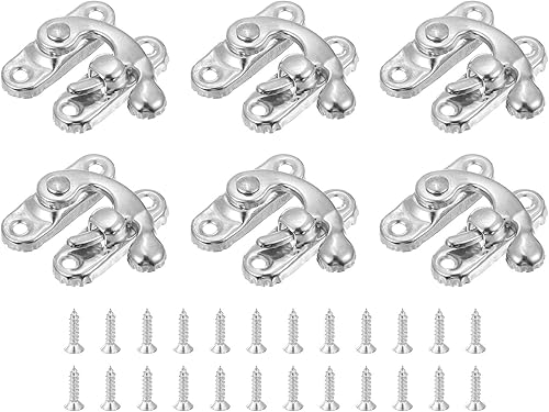 6pz Vintage Serratura Chiavistello, 27 x 32mm Mini Chiavistello Braccio Oscillante Chiavistello Destro Gancio Chiavistello con Viti per Scatola Gioielli Valigia Cassetta, Argento - Honorern