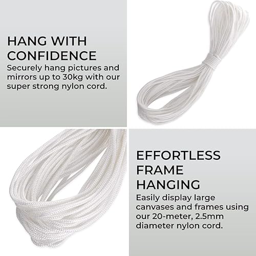H&S - Cordoncino per appendere quadri da 20 m, in nylon super resistente, 2,5 mm, per cornice portafoto a specchio fino a 30 kg - Honorern
