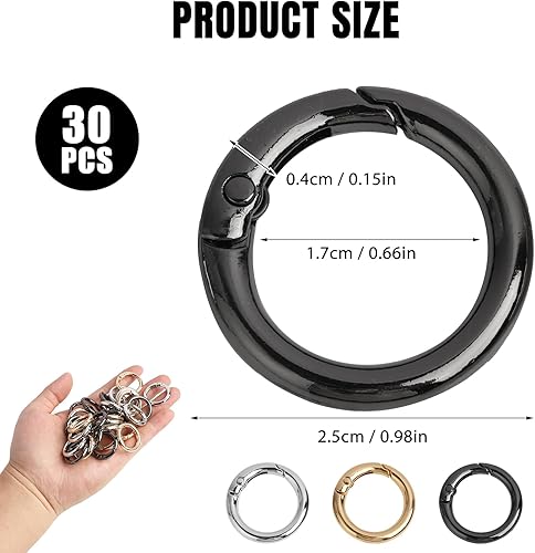 30 PCS Moschettoni per Borse, Anelli a Molla Rotondi da 28mm in Lega di Zinco, Oro/Argento/Nero, Anilla Llavero, Moschettoni per Borse e Portachiavi, Accessori per Gioielli Fai da Te e Artigianato - Honorern