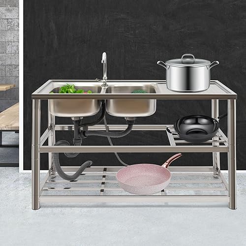 Lavabo indipendente in acciaio inox, 120 x 45 x 80 cm, doppio lavello da esterno con rubinetto e scarico dell'acqua calda e fredda, per esterni, interni, cucina, ristorante - Honorern