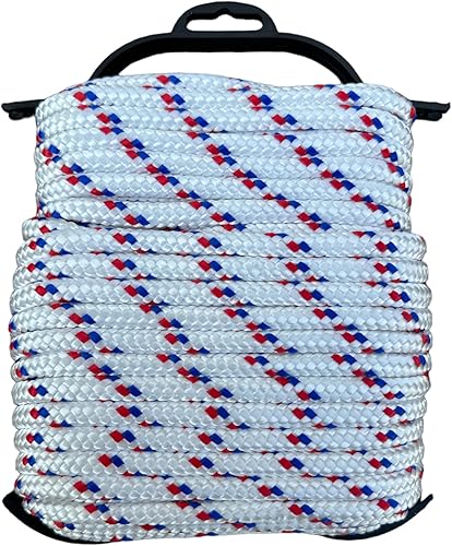 Corda in Polipropilene Alta Tenacità 16 Fusi Multiuso | Anti UV | Ideale per Nautica, Bianco con Segnalino Rosso/Blu, 4 mm, 30 metri - Honorern