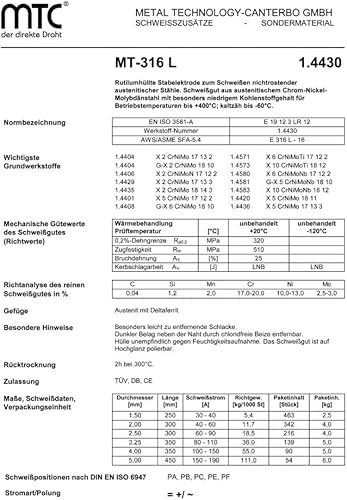 INOX MT-316L 2,0 x 300 mm, 100 elettrodi a barra per saldatura, filo in acciaio inox 1.4430 V4A ER 316 VA, saldatura 4430 - Honorern