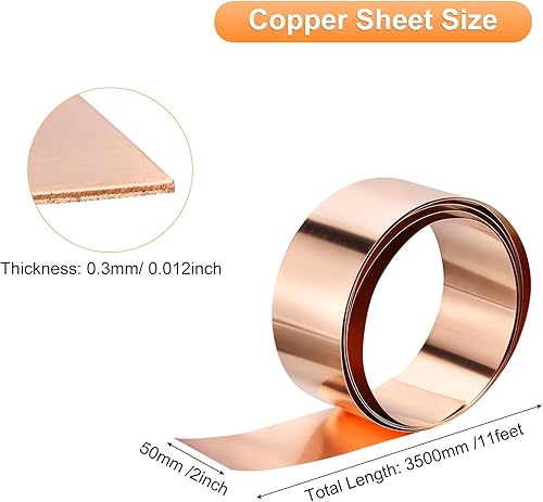 Rame Foglio Rotolo 3500mm x 50mm x 0,3mm 99,9% Puro Rame Striscia Rame Scossalina Metallo Lamina Piastra per Elettricità Progetti Fai-Da-Te (Dimensioni Multiple) - Honorern