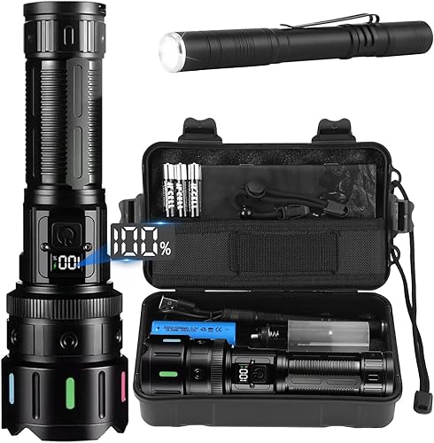 Torcia LED Potente Professionale,500000 Lumens Ricaricabile USB Torce LED Alta Potenza Con Batteria 5000mAh,XHP70.2 Tattica Militare Torcia Elettrica,IP67 Impermeabile 5 Modalità Campeggio Trekking - Honorern