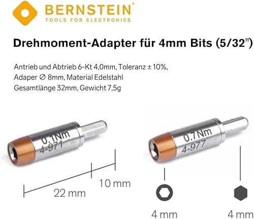 Ambra Adattatore dinamometrico 0,2 Nm per punte C4 (4 mm esagonale) | Utensile di serraggio per punte e utensili di sostegno, acciaio legato | Precisione per min. 20.000 clic - Honorern