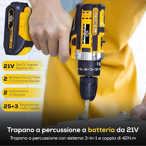 ElectroPrime© Trapano Avvitatore Batteria |Avvitatore a Batteria 21V 2x Batterie da 2000mAh | 24 Accessori | Trapano Elettrico 42Nm | 25+3 Regolazioni di Coppia | 2 Velocità | Avvitatore e Cacciavite - Honorern