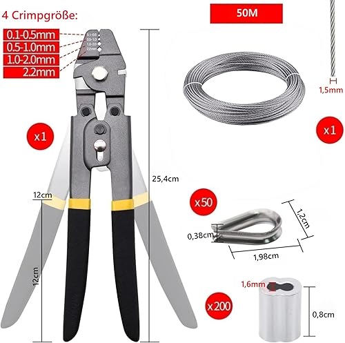 MUSLONG Set di pinze crimpatrici per funi metalliche, per fune in acciaio inox, 50 m, 1,5 mm, con 200 manicotti in alluminio e 50 pezzi, per ringhiere, decorazioni, appendere immagini - Honorern