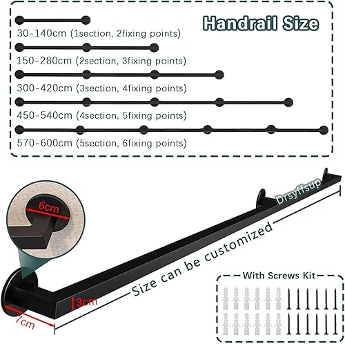 Corrimano Neri per Scale, ringhiere per corrimano per Scale, corrimano Antiscivolo a Parete per soppalchi Interni di casa, gradini, Scale in Ferro battuto(80cm) - Honorern