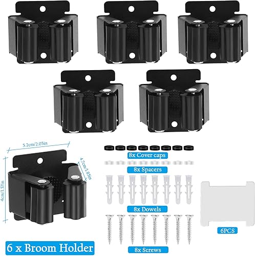 304 Porta Scope Parete in Acciaio Inox, Appendi Scopa, Porta Scope Parete con 5 Supporti e 4 Ganci Nero Portascope, Portascope da Muro per Cucina, Bagno, Garage e Giardino, Grigio (Nero) - Honorern