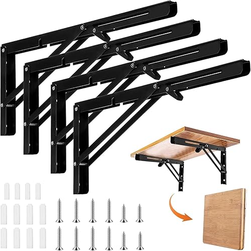 TEGOVE Staffe Pieghevoli per Mensole,4 Pezzi Staffe Per Mensole Pesanti,Mensola Pesanti Mensola Pieghevole,Supporto Tavolo Staffe,Supporto da Parete In Metallo Nero per Garage,Cucina - Honorern