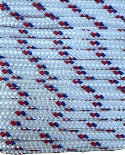 Corda in Polipropilene Alta Tenacità 16 Fusi Multiuso | Anti UV | Ideale per Nautica, Bianco con Segnalino Rosso/Blu, 4 mm, 30 metri - Honorern
