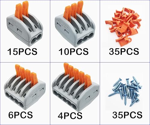 Morsetti Elettrici, CESFONJER 35 Pcs Connettori a Filo Compatto, Leva-Dado Cavo Connettore Set (15 Pcs 2 Porte/10pcs 3 Porte/6 Pcs 4 Porte/4 Pcs 5 Porte) - Honorern