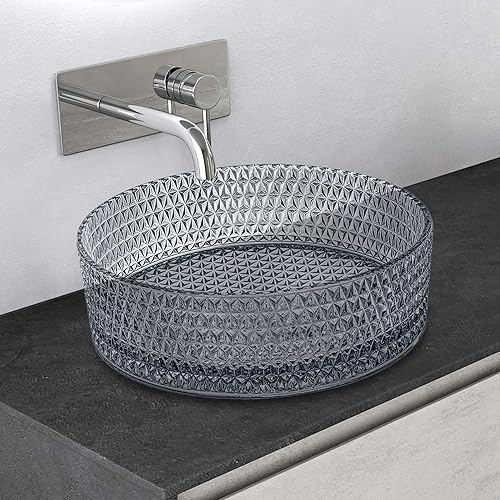 Mai & Mai Lavabo da Appoggio 39x39x12cm, Lavandino Bagno in Vetro Temperato Rotondo Minerva07, Grigio - Honorern