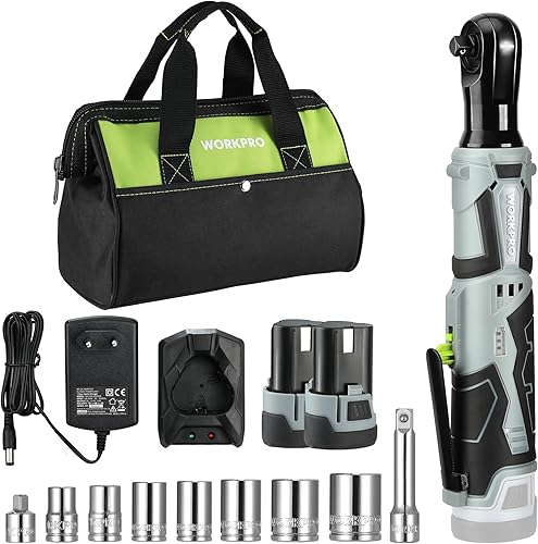 WORKPRO Chiave a Cricchetto Elettrica Senza Fili 12V, Chiave a Cricchetto a Batteria, 3/8', 55Nm, con 2 Batterie da 2,0Ah, 1 Caricabatterie Rapido, 1 Base di Ricarica e 9 Accessori per Bussola - Honorern