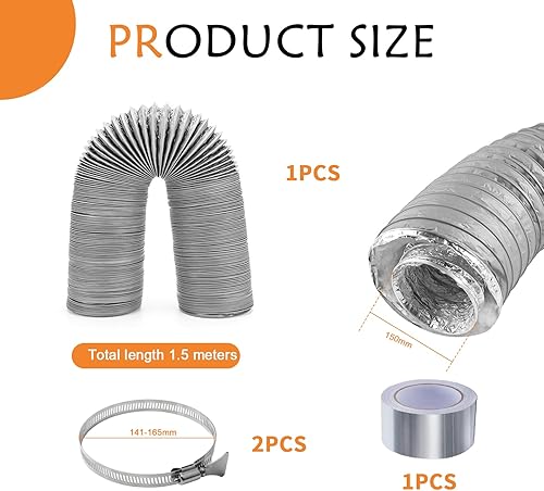 150mm x 1.5m Tubo Flessibile Isolato per Condotte di Ventilazione Tubo Flessibile in Alluminio Termicamente Isolato Termico e Acustico con 2 Fascette Stringitubo in Acciaio e nastro adesivo - Honorern