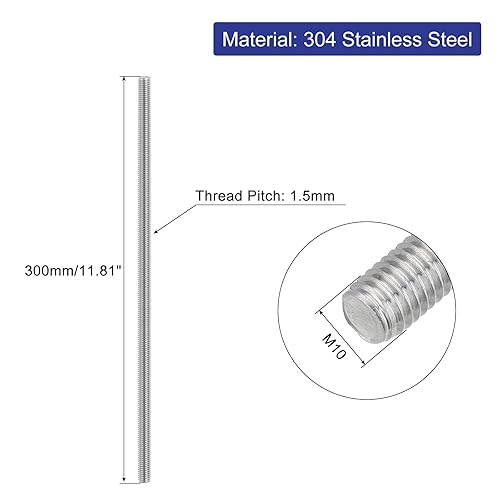 3pz Asta Filettata Intera, M10 x 300mm Acciaio Inossidabile 304 Borchie Barra con Filettatura Destra M10-1.5 Passo Filettatura per Assemblaggio Mobili Macchinari - Honorern