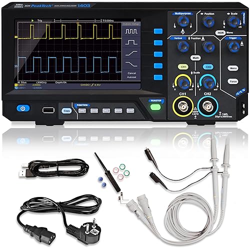 PeakTech 1403, oscilloscopio di memoria digitale, 2 canali, 50 MHz, 500 MS/s, interfaccia USB, software PC, P 1403 - Honorern