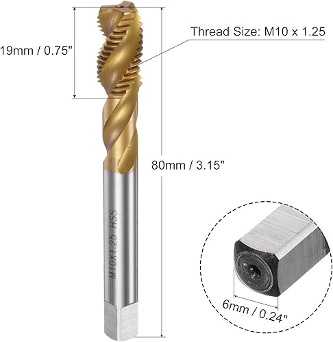 Spirale Flauto Filettatura Maschiatore M10x1.25 Metrico HSS (Alta Velocità Acciaio) Titanio Placcato Macchina Filettatura Vite Maschiatore 3 Flauti Maschiatura H2 Tolleranza - Honorern
