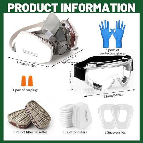 Maschera respiratoria, maschera a gas, set di maschere antipolvere, protezione dalle polveri sottili, maschera protettiva con occhiali protettivi, maschera antipolvere con filtro per vernice, polveri - Honorern