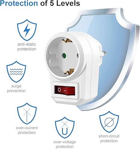 3 prese con contatto di protezione, adattatore per prese, spina intermedia con interruttore, presa commutabile, adattatore con sicurezza per bambini, connettore Schuko fino a 3680 Watt, - Honorern