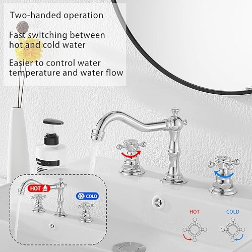 Rubinetto miscelatore vintage a 3 fori per lavabo a doppia maniglia diffuso per lavabo da bagno rubinetto per vasca da bagno, montaggio su piano, 20,3 cm, 2 maniglie e 3 fori, rubinetto cromato - Honorern