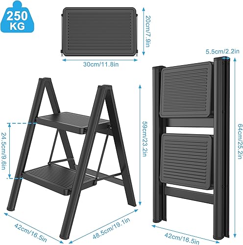 Scala pieghevole a 3 livelli, con ampio pedale antiscivolo, multifunzione, fino a 250 kg, colore nero, per casa, cucina, ufficio, esterno - Honorern